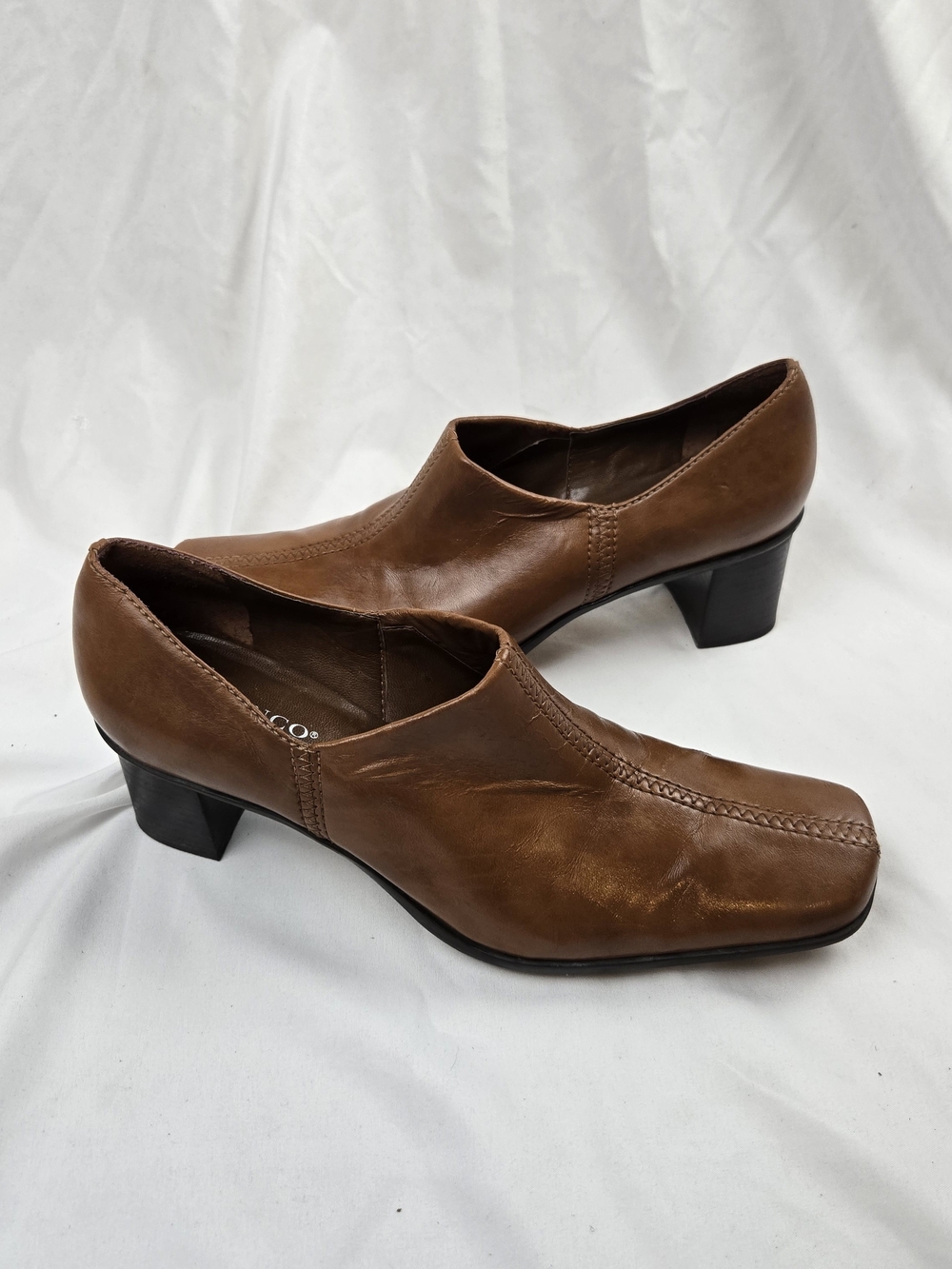 Franco Sarto Women’s 8M Brown Leather Square Toe Block Heel Pumps